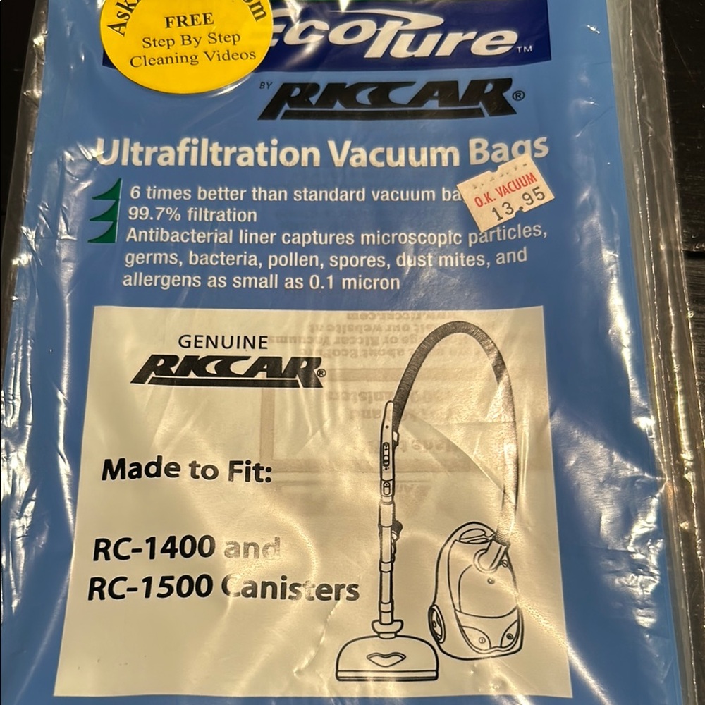 EcoPure Riccar Ultrafiltration Vacuum Bags
RKC14R for RC1400 & RC1500 Canisters